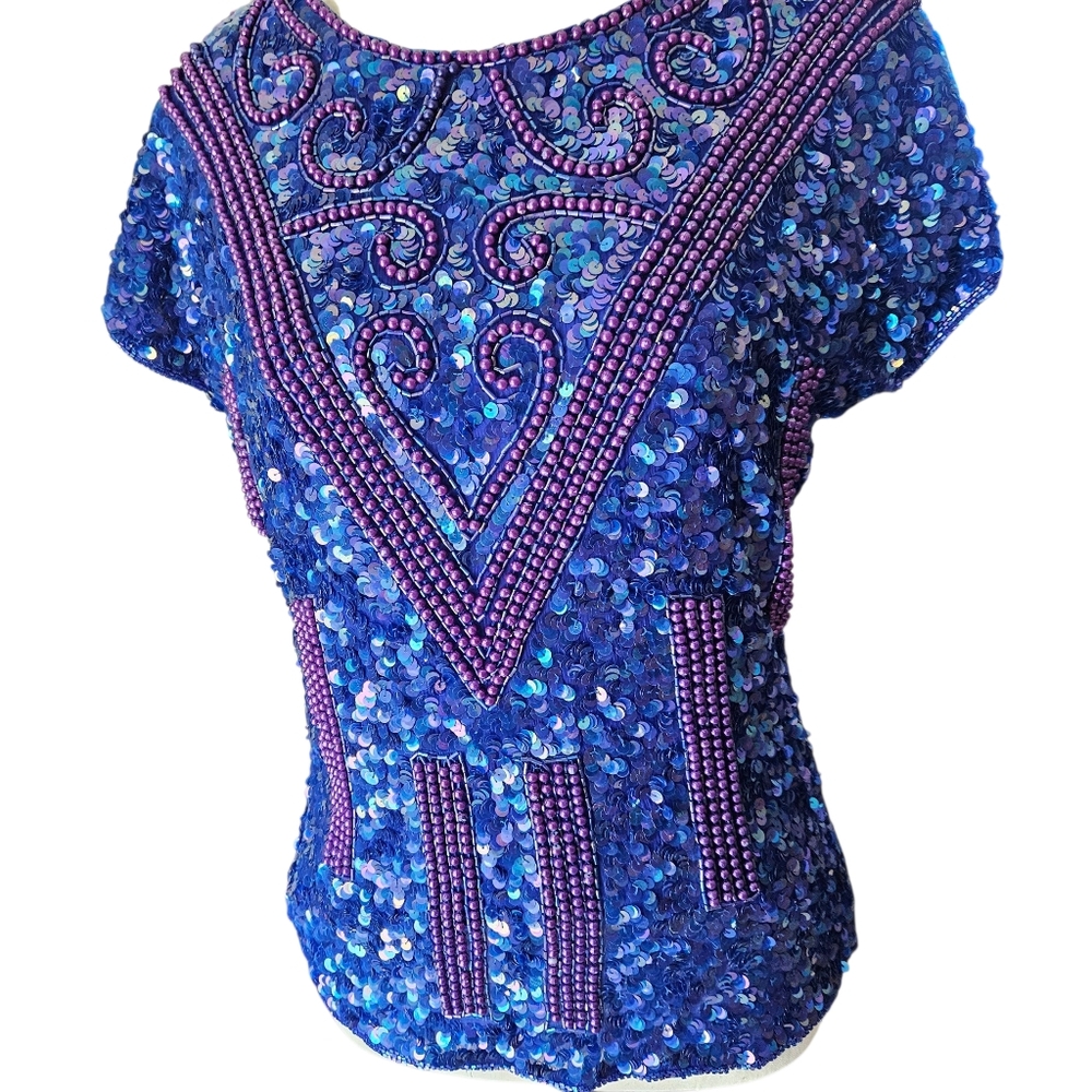 Vintage Silk Blue Beaded Sequin Top Petite XL - Picture 3 of 14